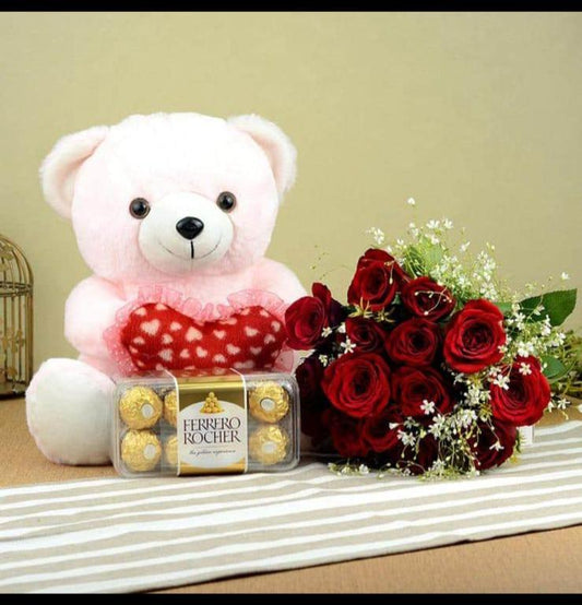 Romantic Gift Combo – Teddy, Roses & Ferrero Rocher