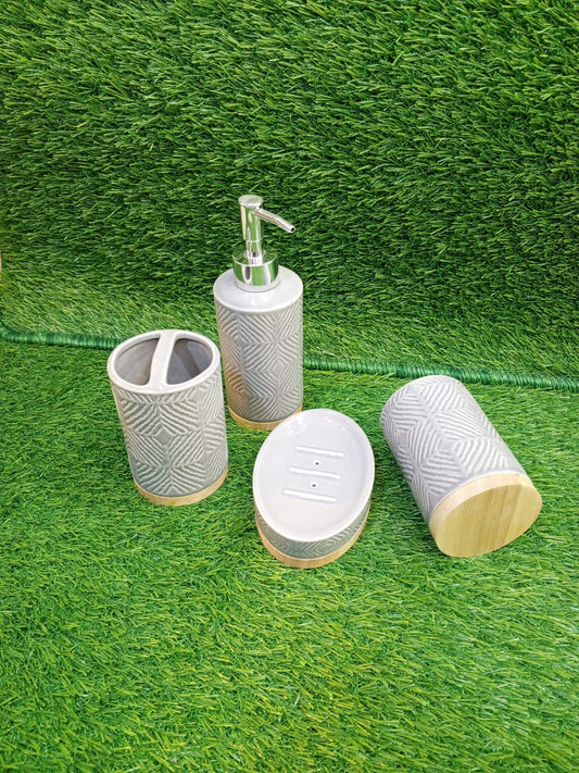 Ceramic & Bamboo 4 Pcs Bathroom Set