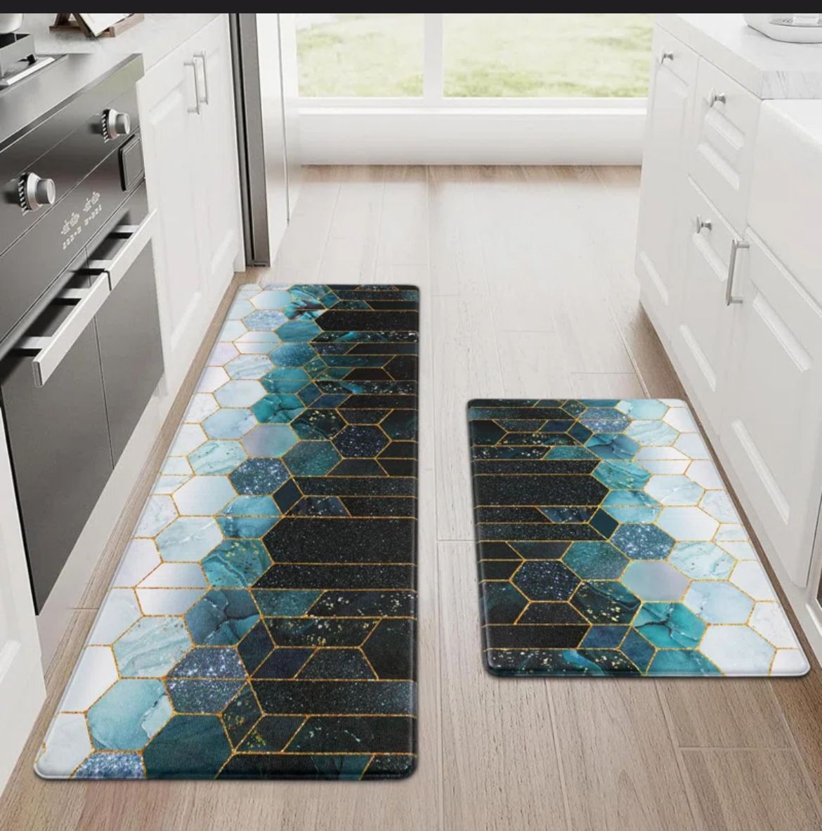 Elegant Blue & Gold Geometric 2- Piece Kitchen Rug Set